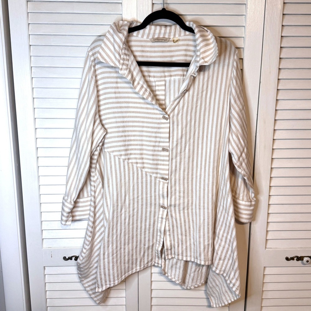SOFT SURROUNDINGS Plus Size Womens Button Down Asymmetrical Hem Stripe Top SZ 1X
